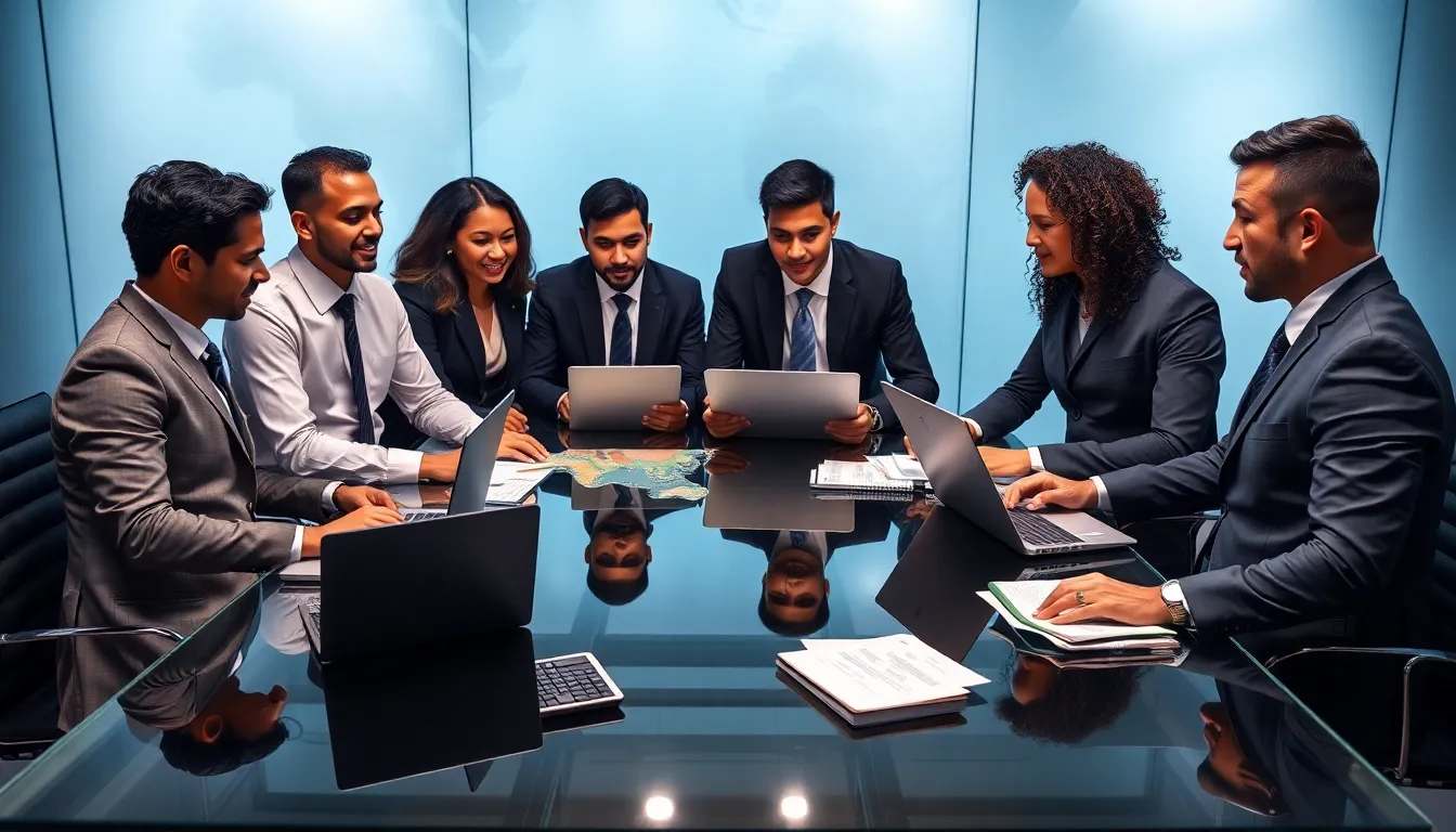 diverse intelligence team collaborating on language skills in a modern office.